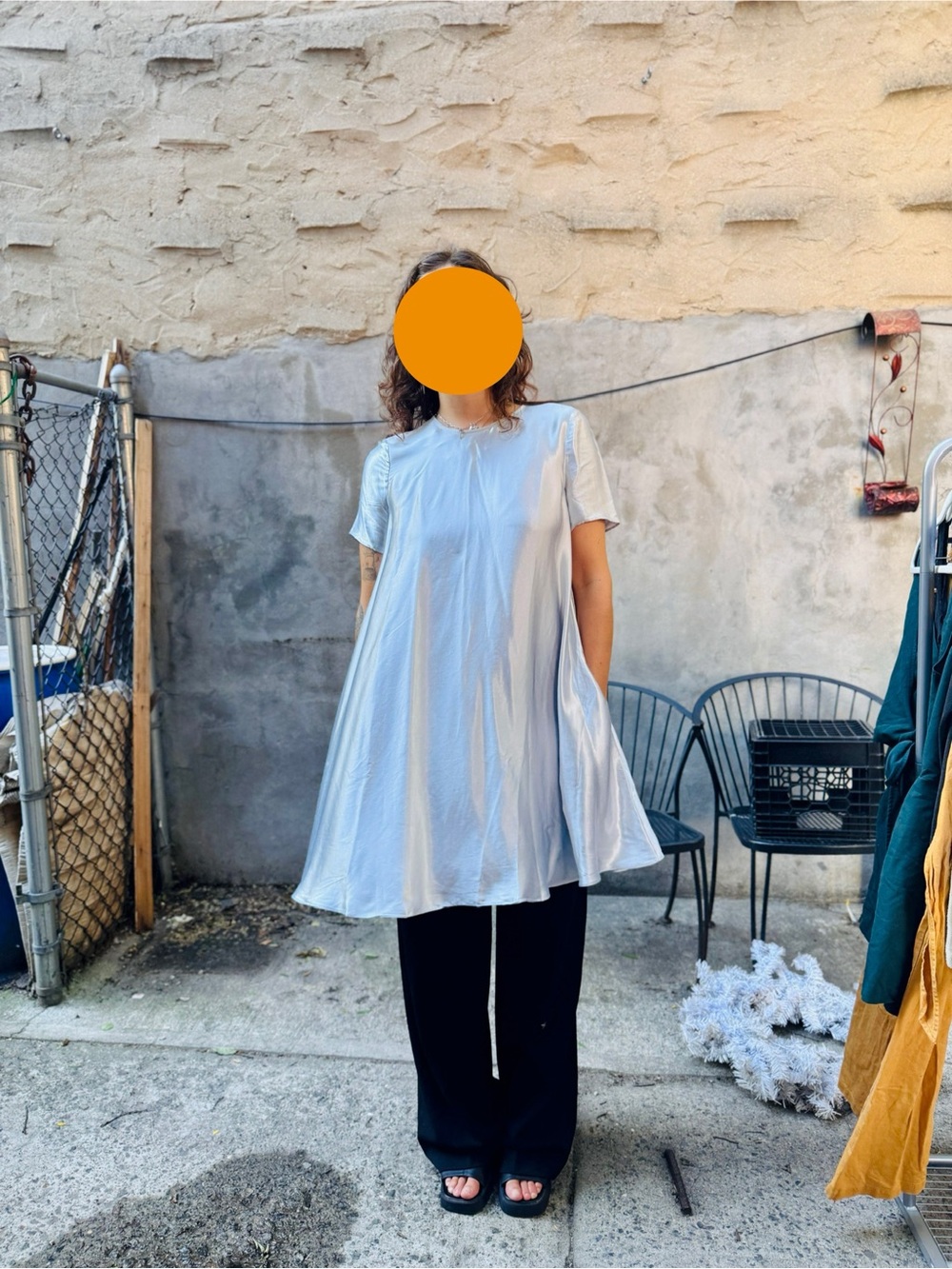 Club Monaco, Silk Charmeuse Light Blue Swing Short-Sleeve Dress (with pockets!)